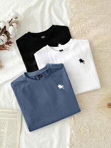 Tseoso 3件組休閒極簡風 95%棉女款圓領修身長版短袖T恤套裝，附馬匹圖案 - 彩色 - 查看 4