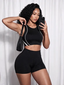 SHEIN Core Rhythm Women's Colorblock Trim Sports Bra - Black - View 3