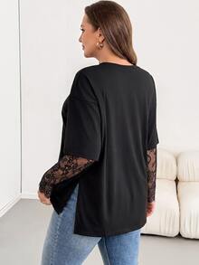 Shapeblank Plus Size T-Shirt With Lace Sleeves And Split Hem - Black - View 2