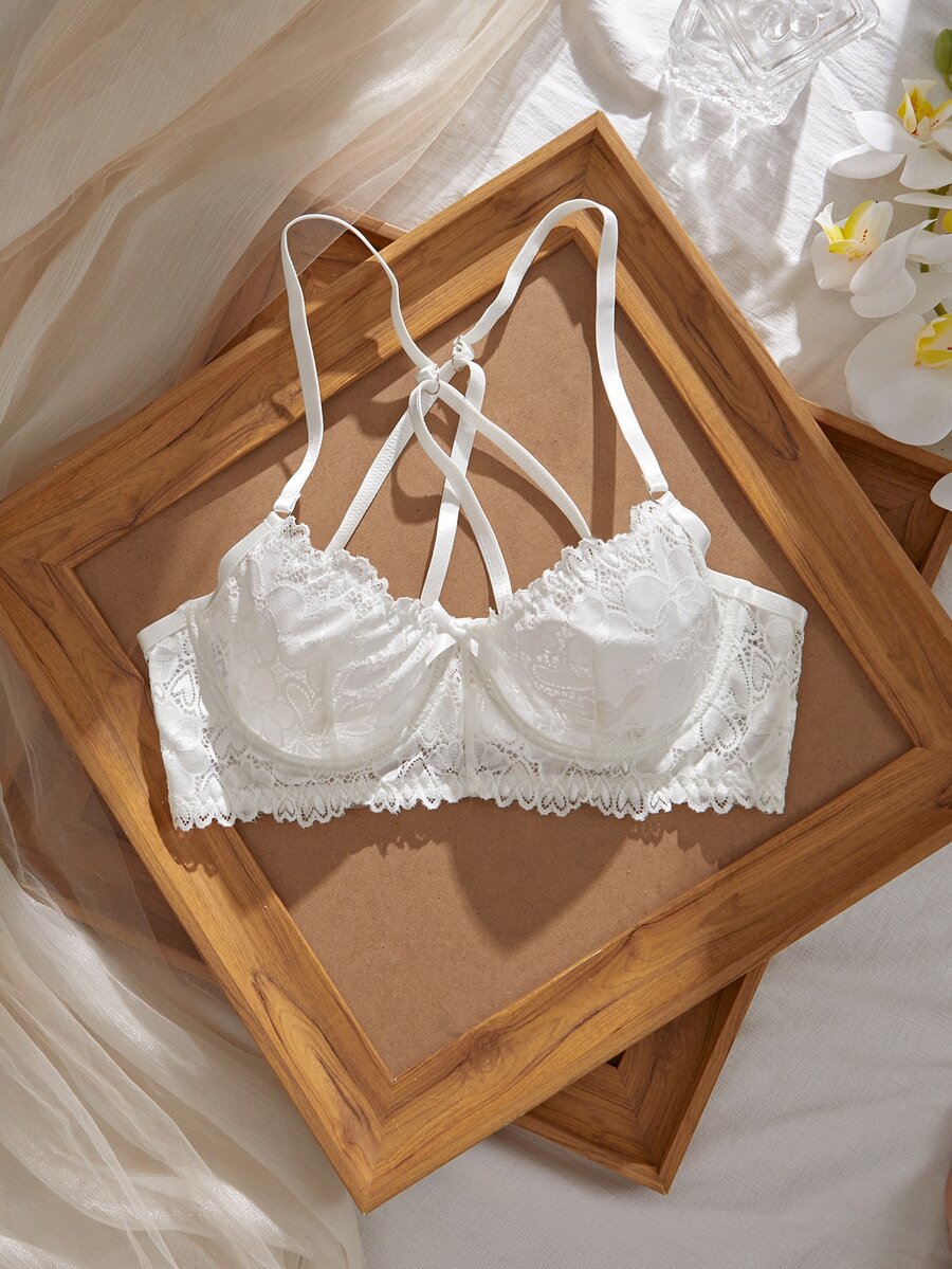 Crystal Vow French White Lace Thin Underwire Bra, Back Cross X-Shaped Back Design, Rabbit Ear Cup Sexy Lingerie, Large Bust Minimizing - White - View 1