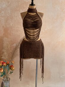 Soleia Vacation Boho Sexy Beach Outfit Women's Clothing St. Patrick's Day Spring Break Easter Music Festival Dark Brown Sweater Two Pieces Set Summer - Coffee Brown - View 4