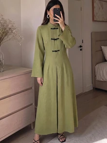 Yasmyna Long Sleeve Elegant Long Button-Front Arabian Dress - Green - View 6