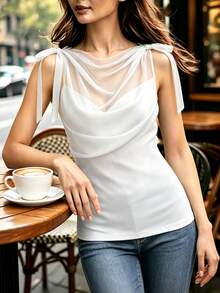 SHEIN Autumn/Winter Black Mesh Patchwork Knit Cowl Neck Faux 2-Piece Sleeveless Tank Top, Fashion Commute Matching Top - White - View 3