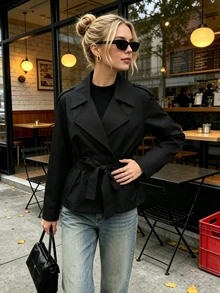SHEIN PariChic 女款秋冬基礎款鈕扣裝飾收腰長袖風衣外套 - 黑色 - 查看 3