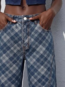 Maija 女款格紋印花直筒休閒百搭牛仔褲，秋冬穿搭，學院風穿搭，優雅時尚經典牛仔褲，適合派對與日常 - 藍色 - 查看 4
