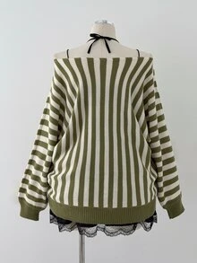Sunspun Plus Size Women Y2K Street Style Vertical Striped Boat Neck Batwing Sleeve Loose Comfortable Knit Pullover Sweater, Suitable For Spring/Autumn/Winter/Back To School/Daily Commute/Outing/Date/Indoor/Outdoor/Date Outfit - Green - View 2