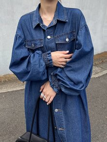 FRIFUL Gaun Denim Kasual Musim Panas Wanita dengan Kancing Tunggal - Biru - View 7