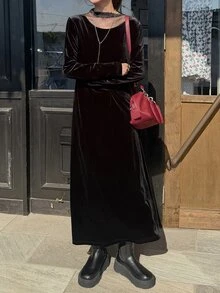 FRIFUL Women's Autumn Velvet Contrast Mesh Long Dress - Black - View 4