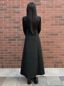 FRIFUL Women's Autumn Long Dress With Waist Drawstring Tie - Black - View 2