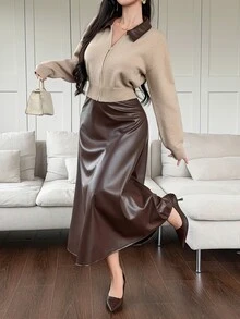 DAZY Autumn/Winter Leather Lapel Patchwork PU Leather Cardigan & Mid-Length Waist-Cinching Slimming Skirt 2pcs Set For Women, Commute, Date, Streetwear - Coffee Brown - View 6