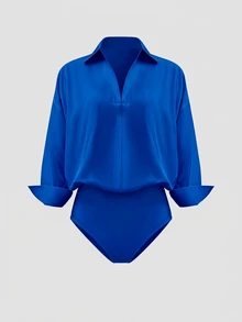 Olithes Plus Size Women's Solid Color Casual Daily Wear Bodysuit - Blue - View 1