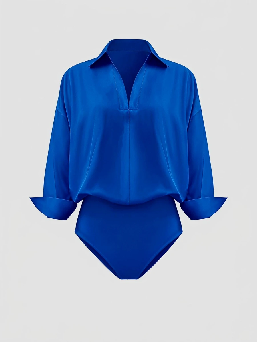 Olithes Plus Size Women's Solid Color Casual Daily Wear Bodysuit - Blue - View 1