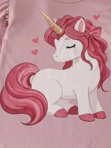 2pcs Girls Fashionable Cute Unicorn Print Long Sleeve Ruffle Hem Loungewear Dress - Multicolor - View 5