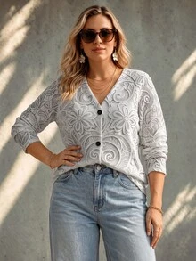 Vionelle Plus Size Autumn/Winter Casual Faux Lace Print Cardigan - Multicolor - View 5