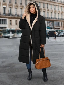 Reflora Plus Size Long Thick Thermal Lined Hooded Padded Coat For Autumn/Winter - Black - View 4