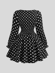 SHEIN Sweetro Plus Size Long Sleeve Black & White Polka Dot Ruffle Hem Cute Dress - Multicolor - View 2