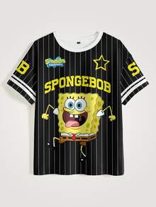 SpongeBob SquarePants | SHEIN 女款字母條紋印花圓領短袖休閒T恤 - 白色 - 查看 4