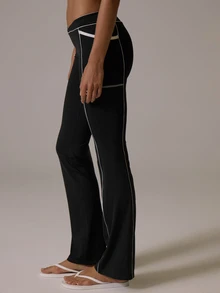 Musera Sport V Dipped Waist Contrast Colour Piped Fitted Flare Coord Legging Fall Autumn Winter Gym Active Pilates Motion - Black - View 4