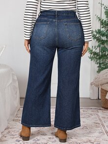 EMERY ROSE Plus Size Women's High-Waisted Dark Wash Wide-Leg Jeans,Dark Wash,High-Rise Flare Jeans For Women,Casual Office,Weekend Outfit,Thanksgiving,Christmas - Blue - View 2