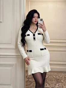 Vibekara French Elegant Style Tweed Plaid Long Sleeve Mini Dress, Black Contrast Pocket Pearl Button Rich Girl Dress Fall - Apricot - View 2