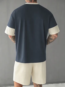 Manfinity Homme تي شيرت رجالي مقاس كبير باللون الأزرق الداكن والبيج، كاجوال مريح، مجموعة ملابس منزلية وعملية للرجال الناضجين - متعدد الألوان - مشاهدة 2