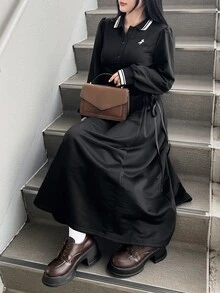 FRIFUL Women's Autumn Long Dress With Waist Drawstring Tie - Black - View 5