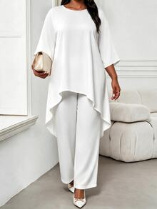 SHEIN Lady CURVE Plus Size Solid Color Front Short Back Long Top And Pants 2 Pieces Set - White - View 1