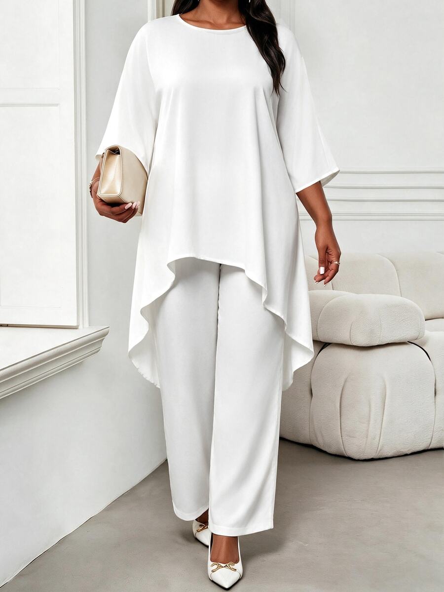 SHEIN Lady CURVE Plus Size Solid Color Front Short Back Long Top And Pants 2 Pieces Set - White - View 1