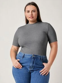 SHEIN BASICS 大尺碼羅紋針織純色T恤女款夏季上衣夏季穿搭 - 灰色 - 查看 5
