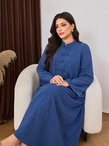 Al Najma Women's Long Sleeve Frog Button Decor New Fashion Elegant Versatile Plus Size Arabian Dress - Blue - View 5