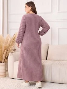 Lacomfia Đầm tay dài gân chải lông size lớn cho nữ, đầm thường ngày cho nữ - Bụi hồng - Xem 2