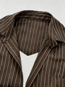 Olithes Kemeja Wanita Kasual untuk Perjalanan, Melangsingkan Pinggang, Model 2 in 1, Garis-garis Biru Tua, Lengan Panjang dan Pendek dengan Kerah. - Khaki - View 5