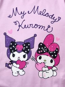 HELLO KITTY AND FRIENDS | SHEIN Tween Girl Letter Print Short Sleeve Top And Shorts Loungewear Set - Purple - View 4