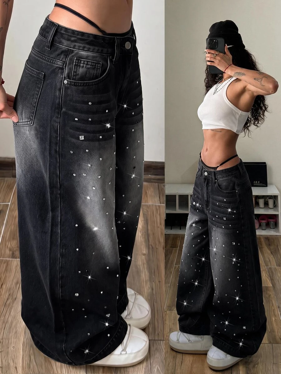 StreetHx Women's Loose Wide Leg Casual Denim Jeans With Pocket And Rhinestone - Black - View 1