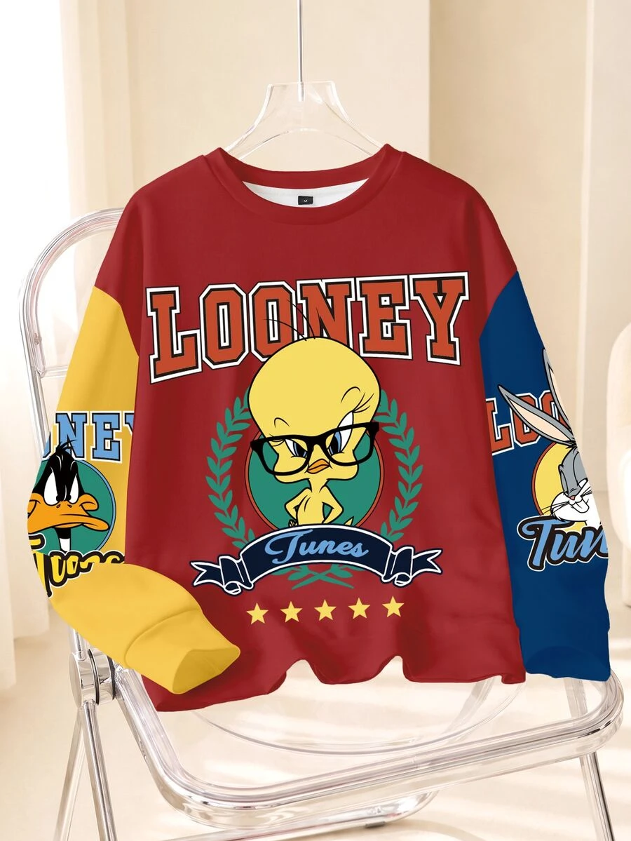 LOONEY TUNES X SHEIN 大尺碼拼色拼接卡通印花圓領運動衫 - 白色 - 查看 1