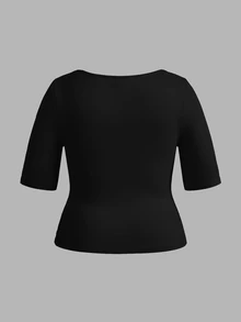 SHEIN BASICS 3件裝休閒純色針織方領短袖修身大尺碼T恤 - 彩色 - 查看 9