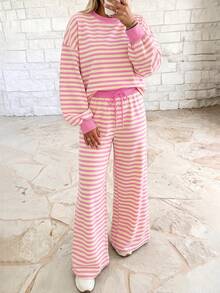 Selamara Bộ đồ 2 món nữ kẻ sọc, áo sweatshirt cổ tròn tay dài & quần ống rộng cạp cao dây rút, set đồ mặc nhà phong cách thường ngày - Nhiều màu - Xem 1