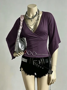 EgrlEra 女款性感街頭風 Y2K Grunge 深V領修身復古針織T恤 夜店穿搭 深紫色 秋季 - 紫色 - 查看 3