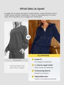GLOWMODE Modal Get Comfy Ultra-Soft Smooth Loose Fit Contour Seams Adjustable Hem Zipper Pockets Half-Zip Pullover Daily Casual Wear Fall Winter - Dark Blue - View 2