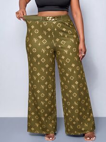 SOLERSUN 大尺碼女款豹紋腰帶裝飾寬腿褲，適合派對正式場合、街頭休閒、情人節、度假，橄欖綠 - 軍綠色 - 查看 2