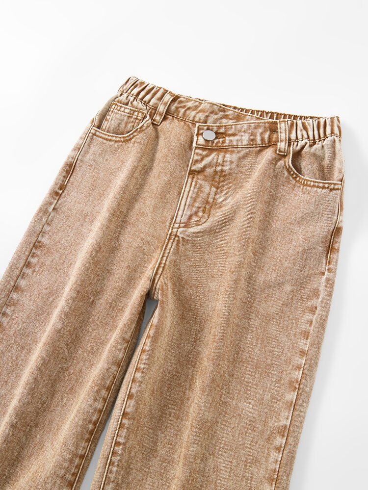 SHEIN Girls' Denim Long Pants, All-Season, Soft, Cotton, Casual, Fashionable, Versatile, Comfortable, Minimalist, Y2K Street Style, Elastic Waist, Slanted Fly Design, Classic Five-Pocket Loose Straight Wide-Leg Fit, Brown Washed Denim Long Pants Suitable For Daily Wear And Vacation - Khaki - View 3