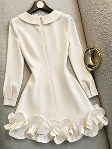 SHEIN Franclia Elegant Daily Commute & Date Peter Pan Collar Petal Sleeve Ruffle Hem Women's Short Dress - Apricot - View 2