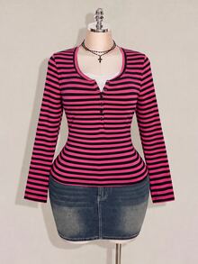 SHEIN ICON Women's Plus Size Autumn/Winter Contrast Lace Black & Grey Striped Slim Fit T-Shirt Fall - Multicolor - View 7