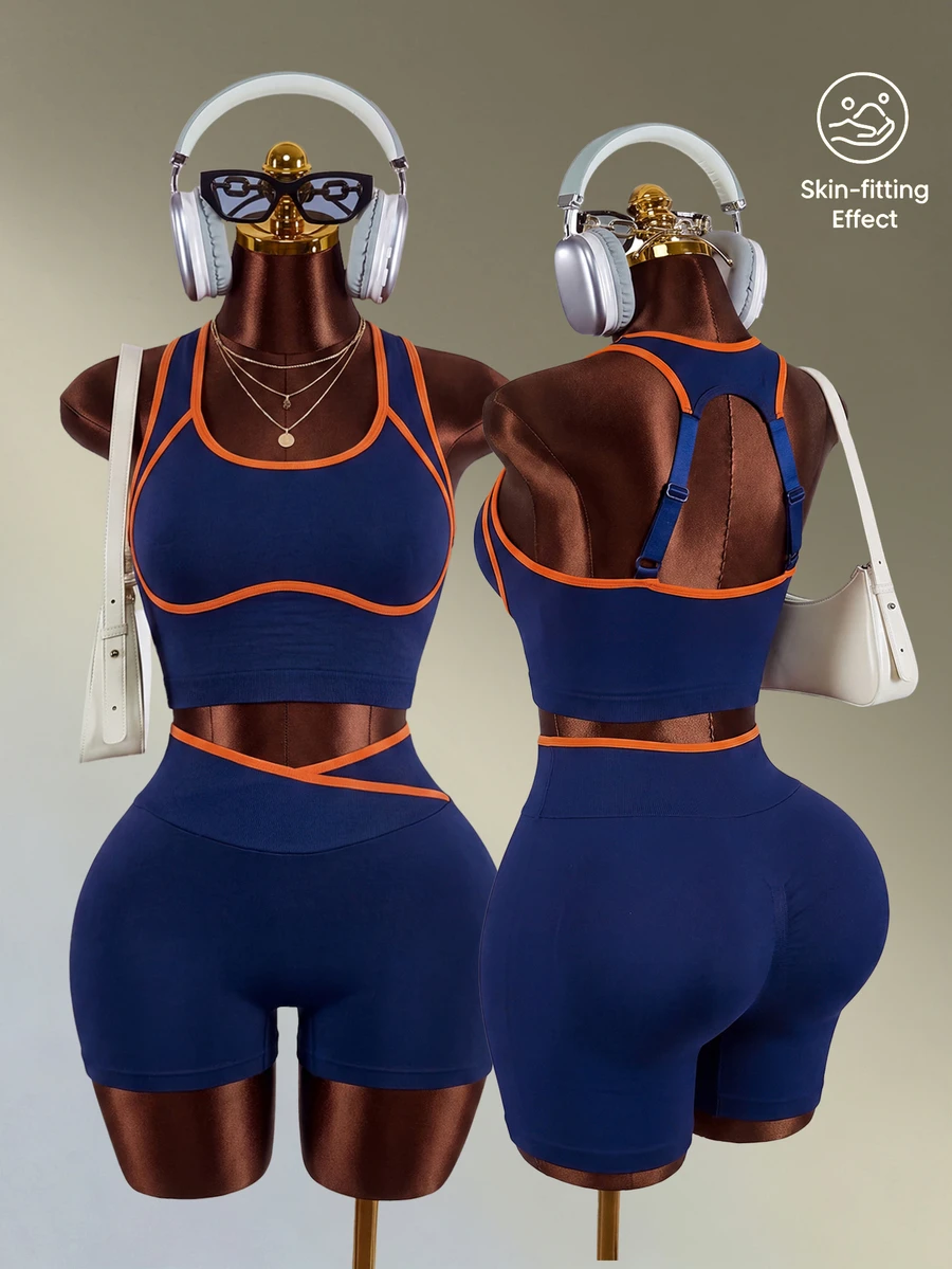 Mistrie 1 Set Navy Blue Orange Contrast Trim Racerback Sports Set, Adjustable Straps, Cross Waist Shorts, Slim Fit, For Yoga Fitness Workout Summer - Navy Blue - View 1