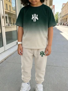 兒童青少年男孩休閒舒適時尚極簡圓領短袖T恤與長褲套裝 - 彩色 - 查看 2