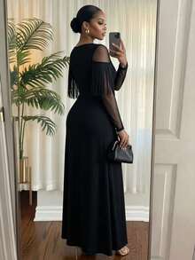 SHEIN Lady CURVE Plus Size Women's Mesh Patchwork Casual Party Dress - Black - View 2