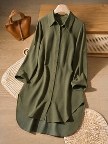 EMERY ROSE Women's Solid Color Single-Breasted Casual Commuter Short Dress - Dark Green - View 3
