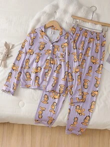 GARFIELD | SHEIN Tween Girl Cute Cartoon Print Long Sleeve Top And Pants Loungewear Set - Multicolor - View 2