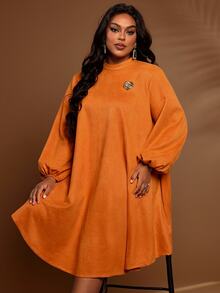 BrightlyHer Plus Size Simple Vacation Long Sleeve Dress For Weekend Outings - Orange - View 3