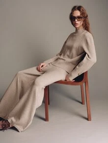 MOTF PREMIUM AUTUMN/WINTER METAL BUTTON CUFF DECOR STAND COLLAR SWEATER AND WIDE LEG KNIT PANTS 2 PIECES SET - Khaki - View 2
